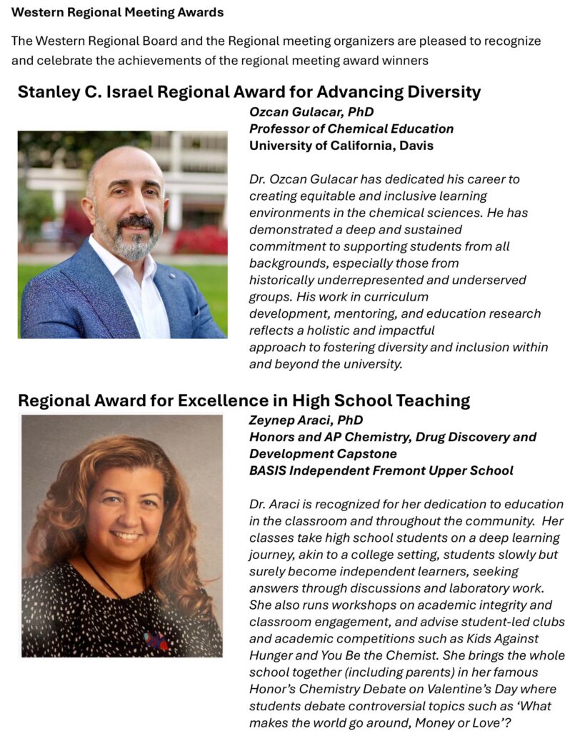 WRM 2025 awards:
Stanley C. Israel Regioinal Award for Advancing Diversity
Regional Award for excellence in High School teaching